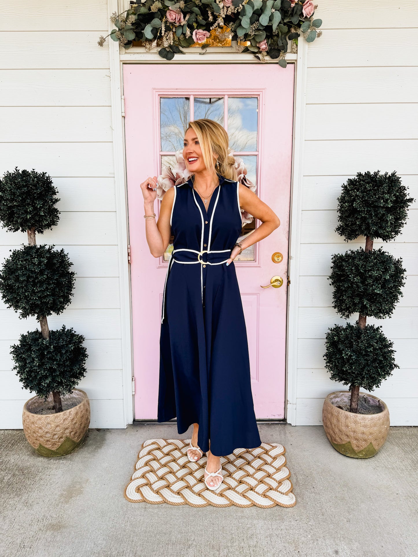 Model Behavior Sleeveless Contrast Midi Dress - Navy