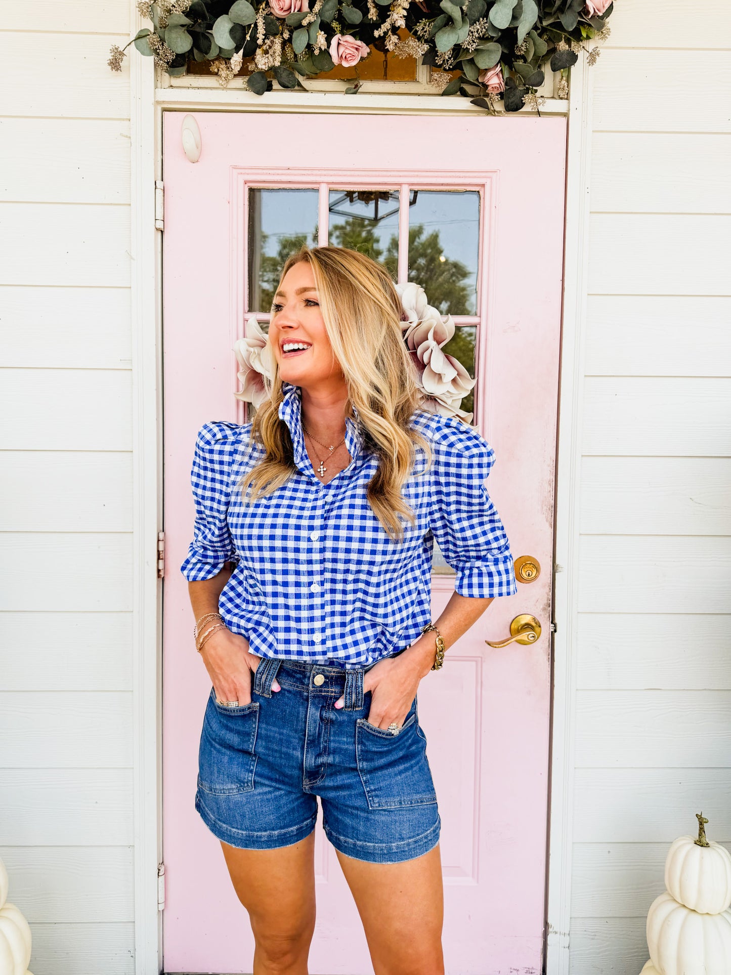 New Kid Jodie Ruffle Collar Puff Sleeve Top - Royal Seer Gingham