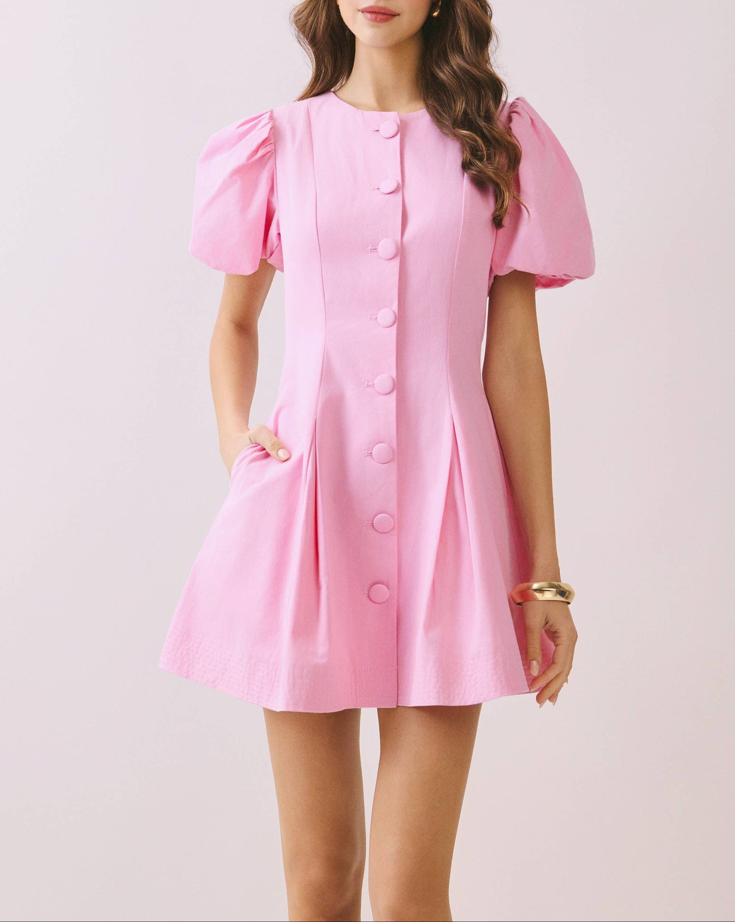 Risk Taker Voluminous Puff Sleeve Button Down Dress - Pink