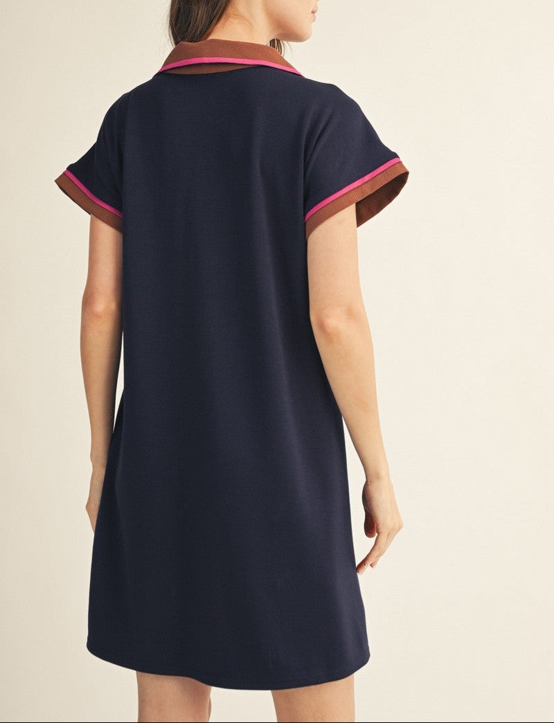 Long Ride Contrast Trim Dress - Navy Mix