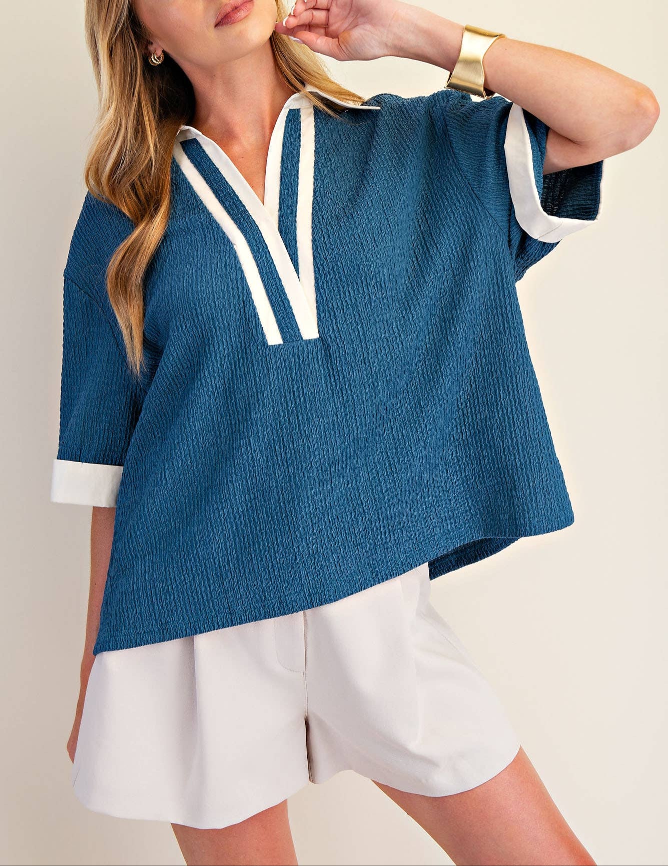 Team Spirit Collar V-Neck Short Sleeve Top - Blue