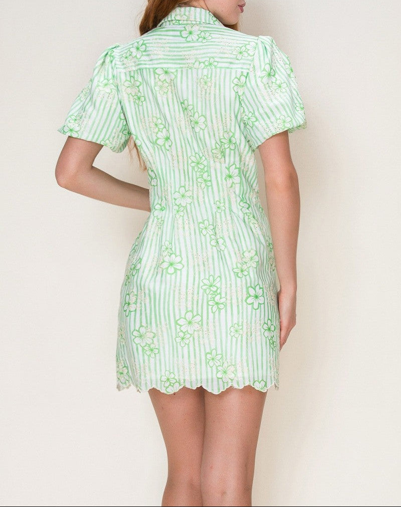Delightful Pleated Waist Puff Sleeve Shirt Dress - Lime Green