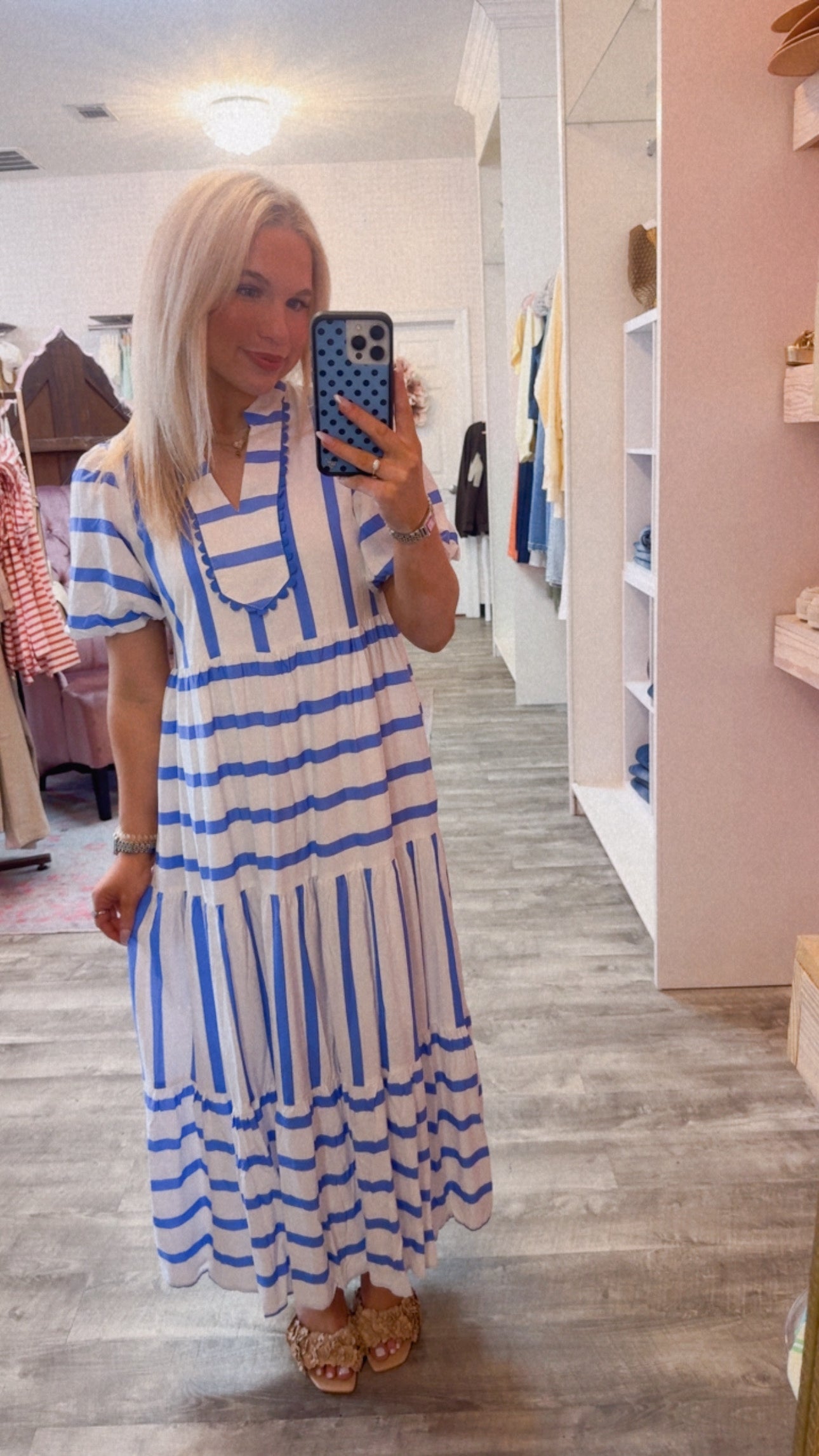On Holiday Stripe RicRac Trim Notched Neck Dress - Sky Blue