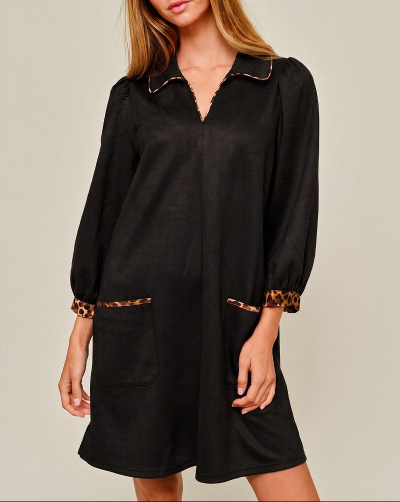 Big Problems Leopard Contrast Edge Detail Faux Suede Dress - Black
