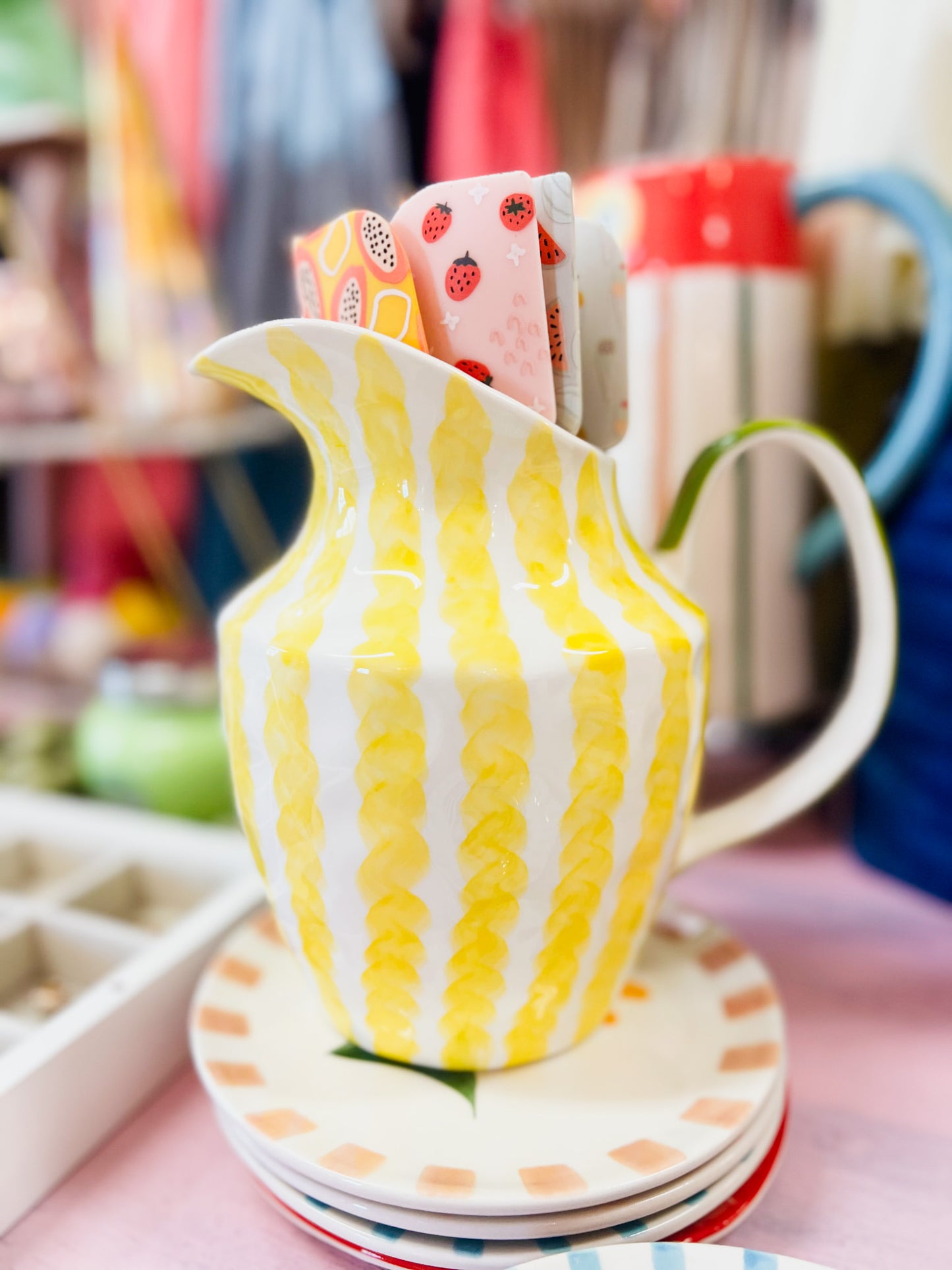 Stoneware Pitcher with Yellow Stripes