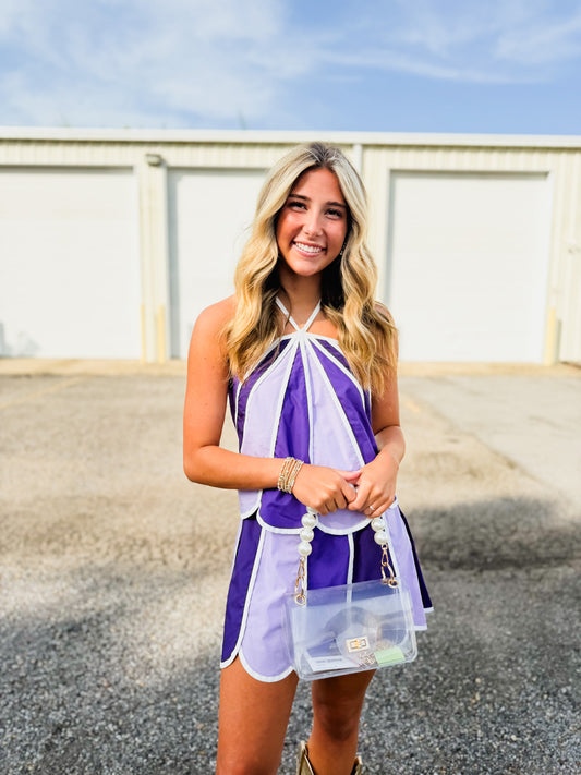 End Game Color Block Scalloped Trim Halter Top - Purple