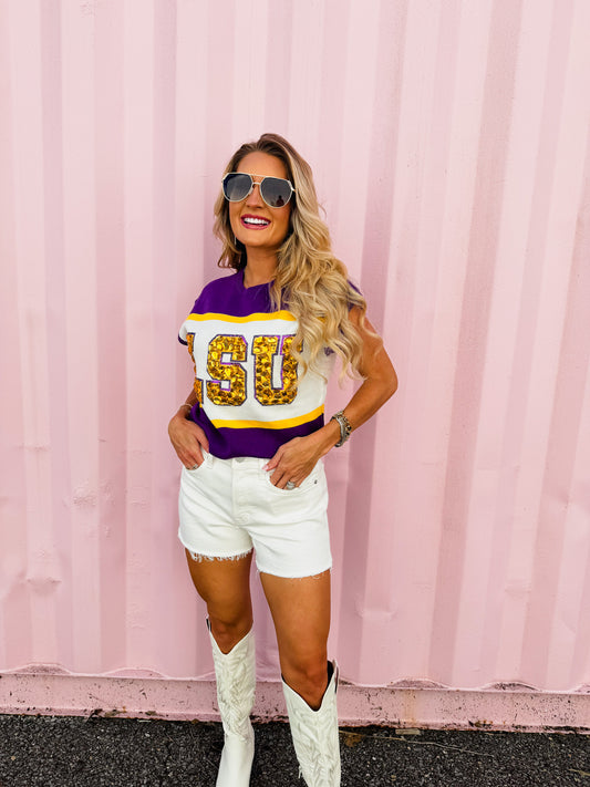 Queen Of Sparkles Licensed 'LSU' Colorblock Jewel Letter Short Sleeve Sweater