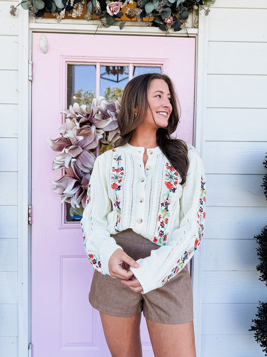 Sweet Idea Floral Embroidered Pointelle Cable Knit Cardigan - Ivory Multi