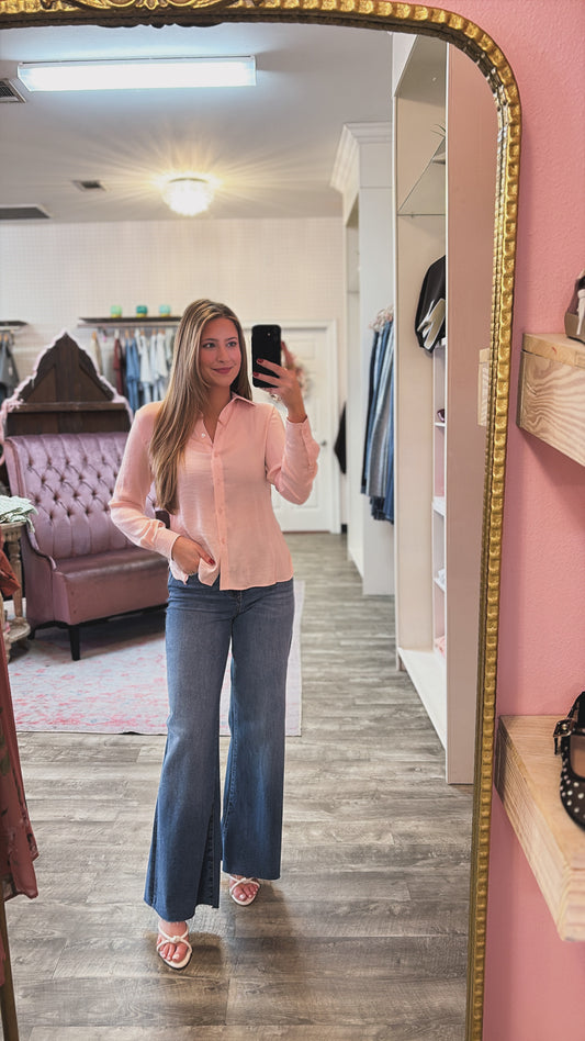 Stand Firm Fitted Long Sleeve Button Up Blouse - English Rose