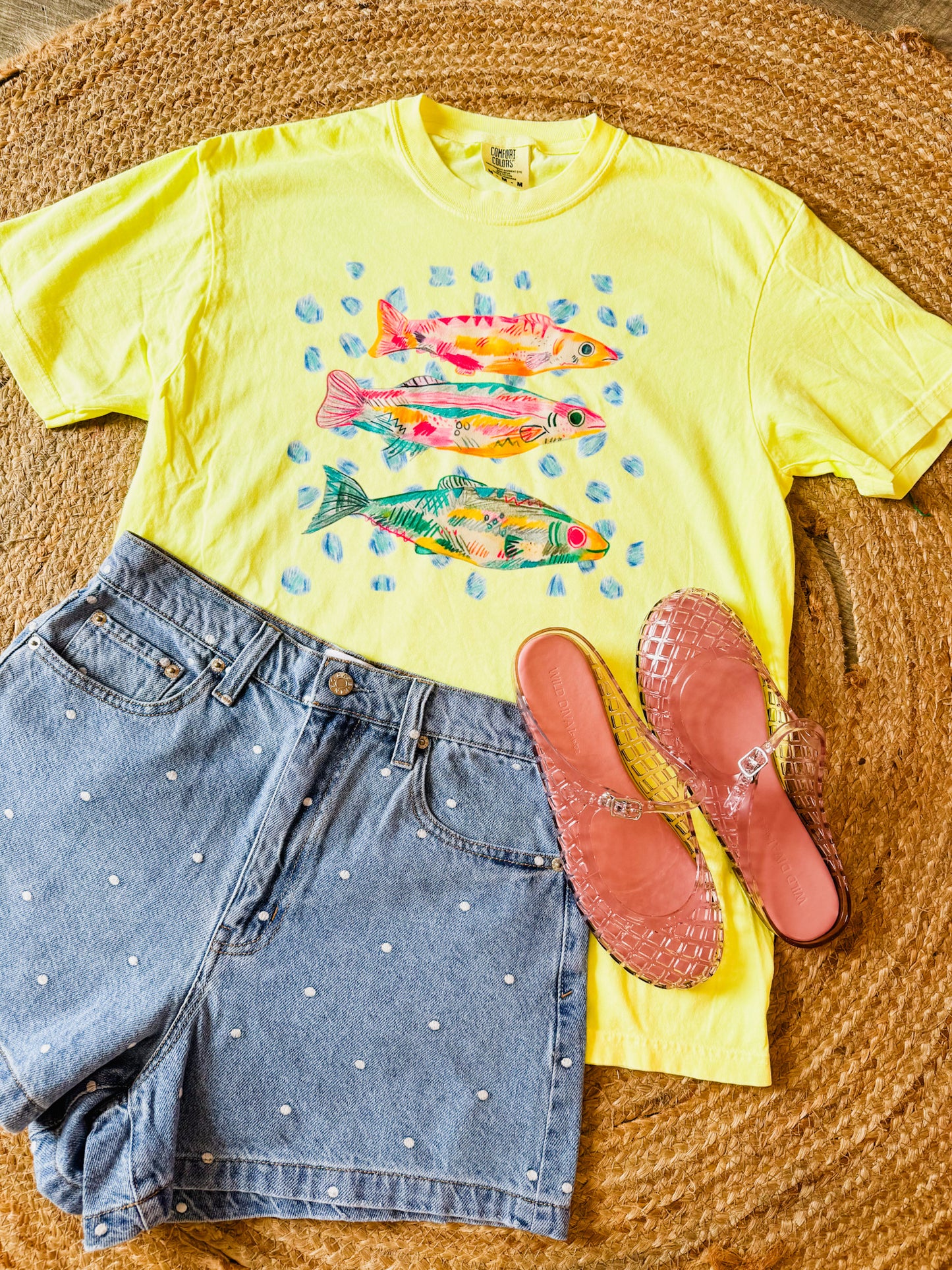 Polka Dot Fish Graphic Tee - Neon Lemon