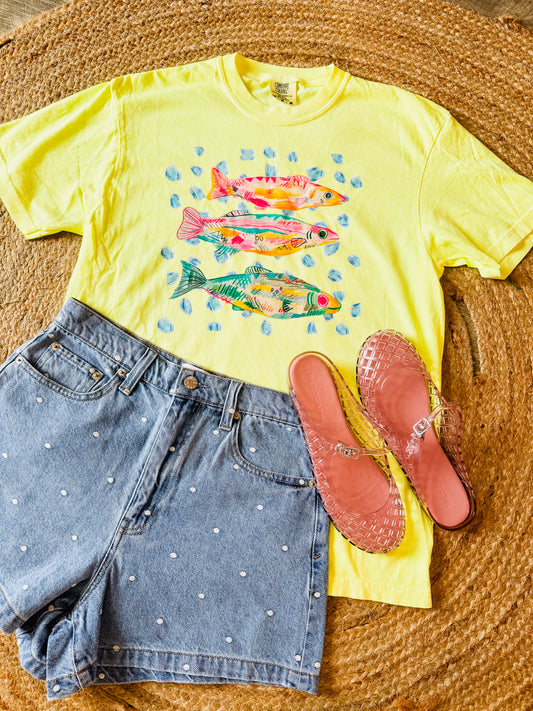 Polka Dot Fish Graphic Tee - Neon Lemon