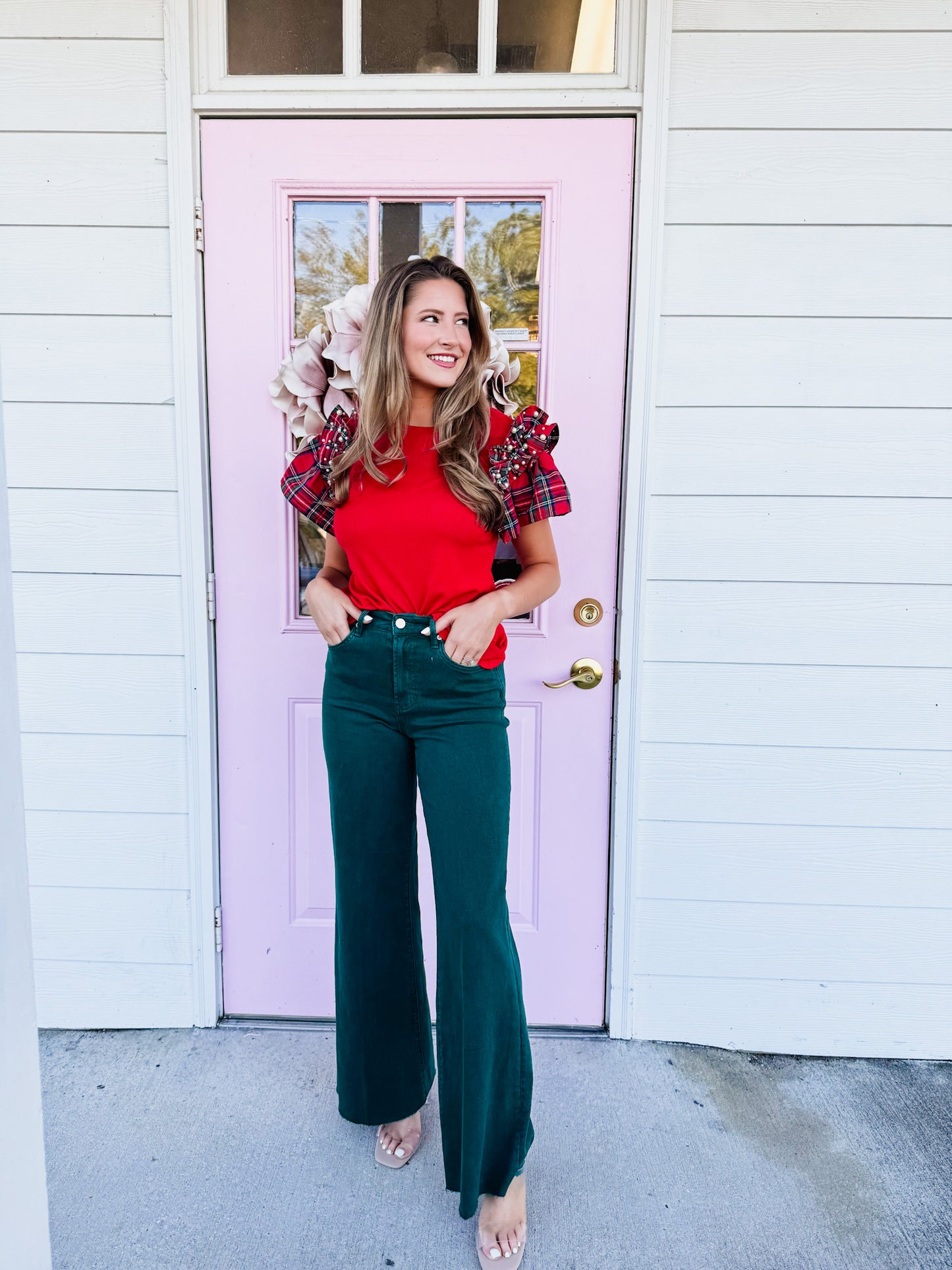 Must Be Merry Plaid Ruffle Pearl Sleeve Top - Red