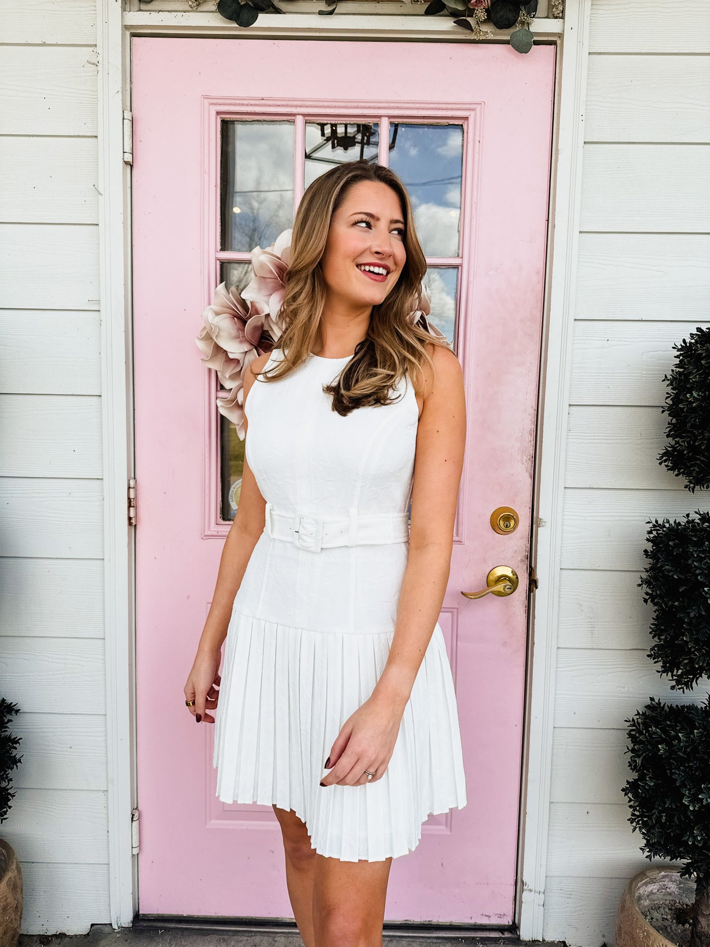 Rise and Shine Belted Pleated Dress - Off White