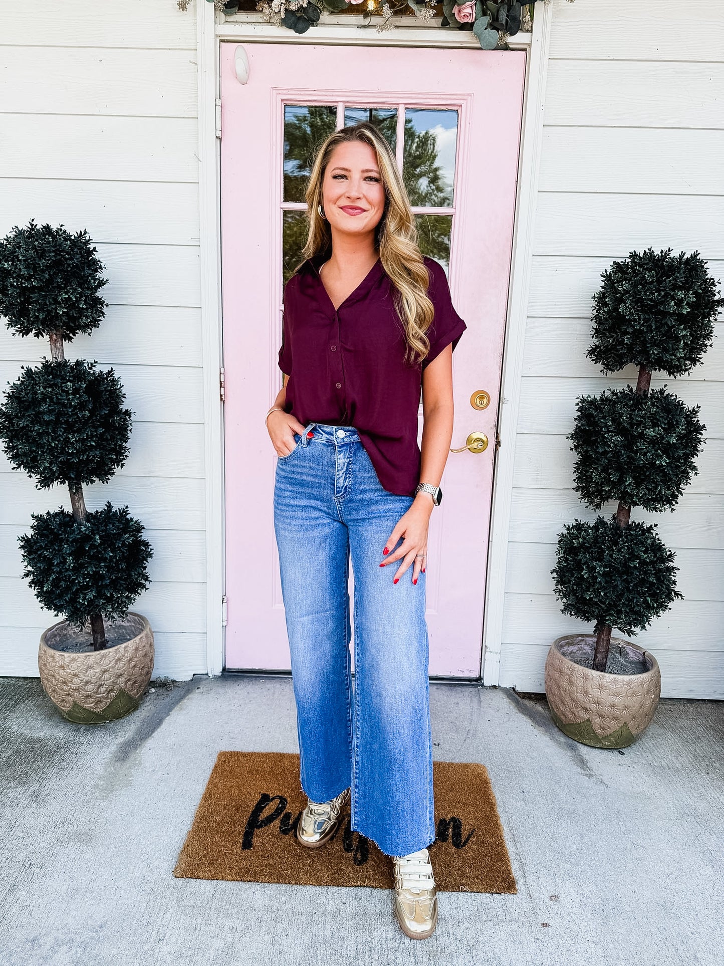 No Problem Button Up Short Sleeve Blouse - Wine