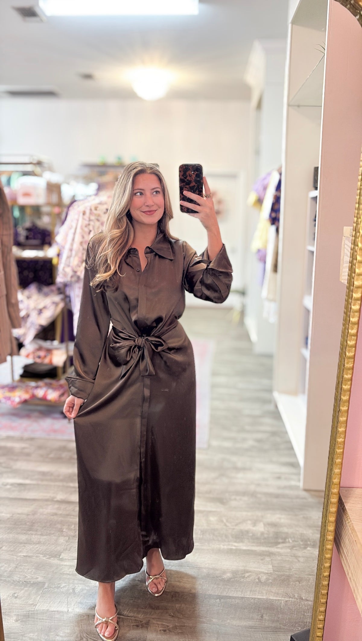 Elan Front Tie Long Sleeve Maxi Dress - Brown