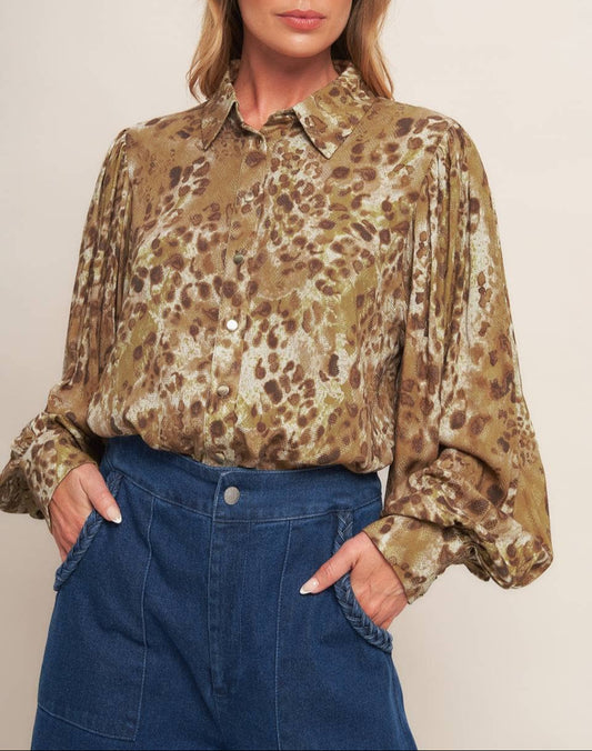 Winning Status Collared Button Down Top - Taupe Brown