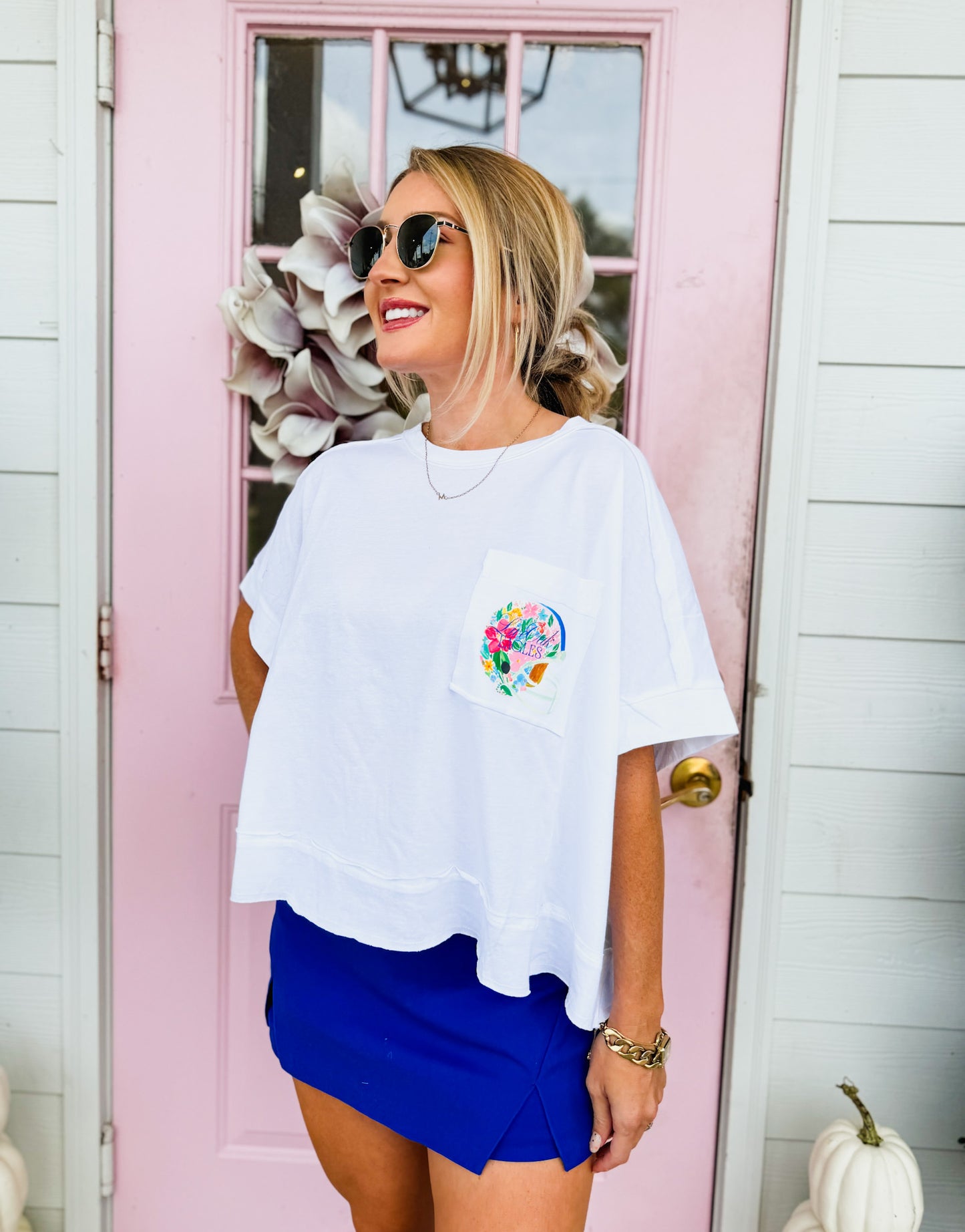 JM + Live Oak Helmet Floral Logo Cropped Pocket Tee - White - Adult
