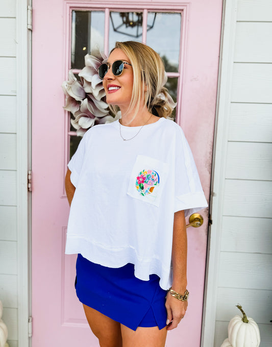 JM + Live Oak Helmet Floral Logo Cropped Pocket Tee - White - Adult