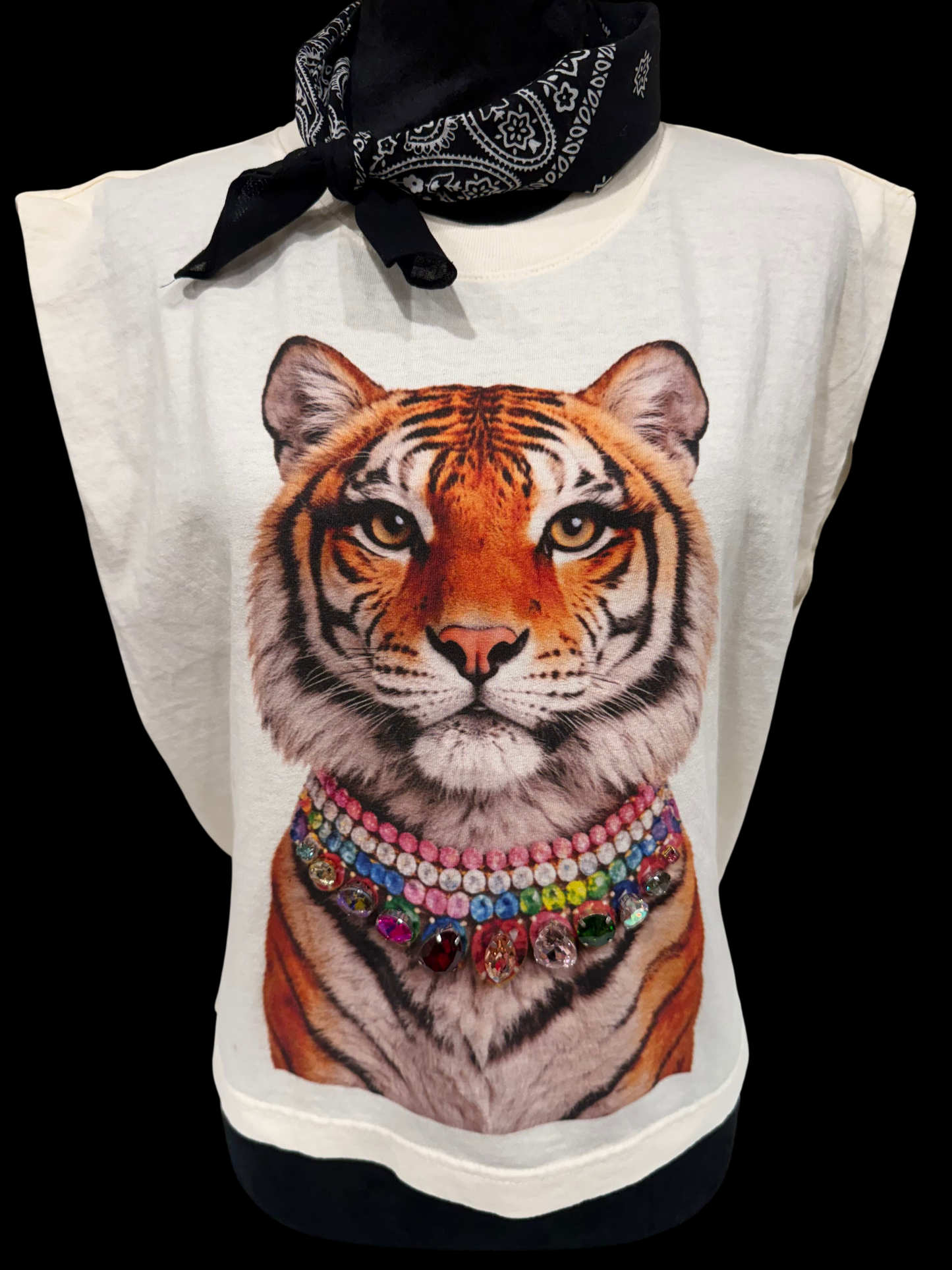 Jeweled Collar Tiger Muscle Tank - Cream