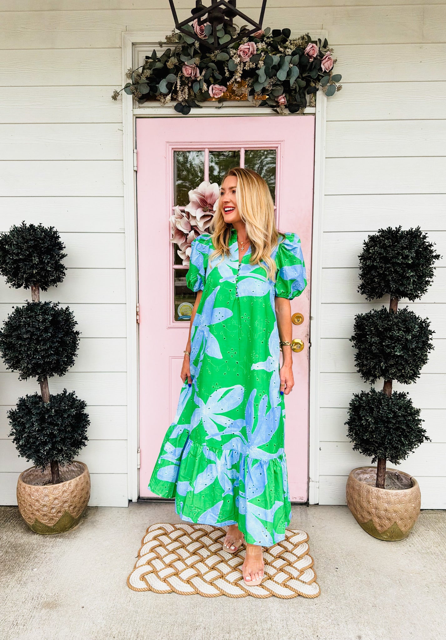Chill Out Botanical Print Puff Sleeve Midi Dress - Green