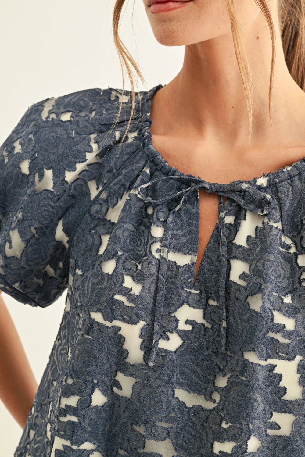 Briana Jacquard Chambray Lantern Sleeves Blouse - Denim Blue
