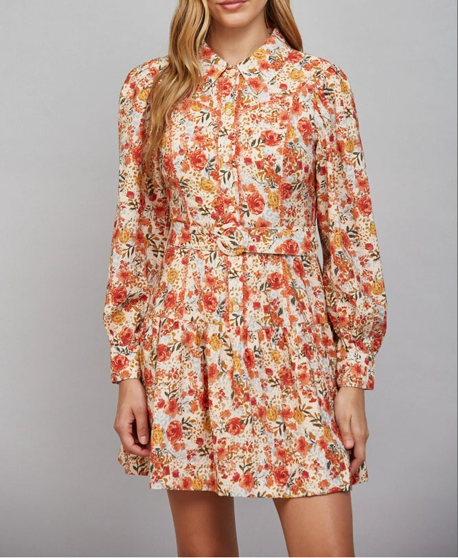 Believe It Matching Waist Tie Floral Print Button Down Shirt Dress - Cream Multi