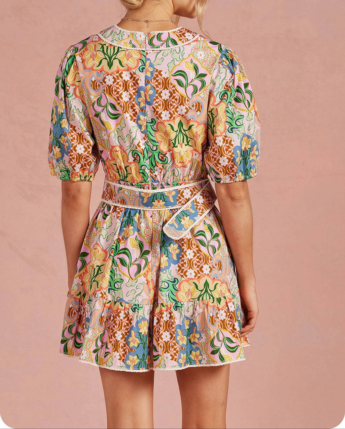 Garden Party Puff Sleeve Belted Dress - Multi