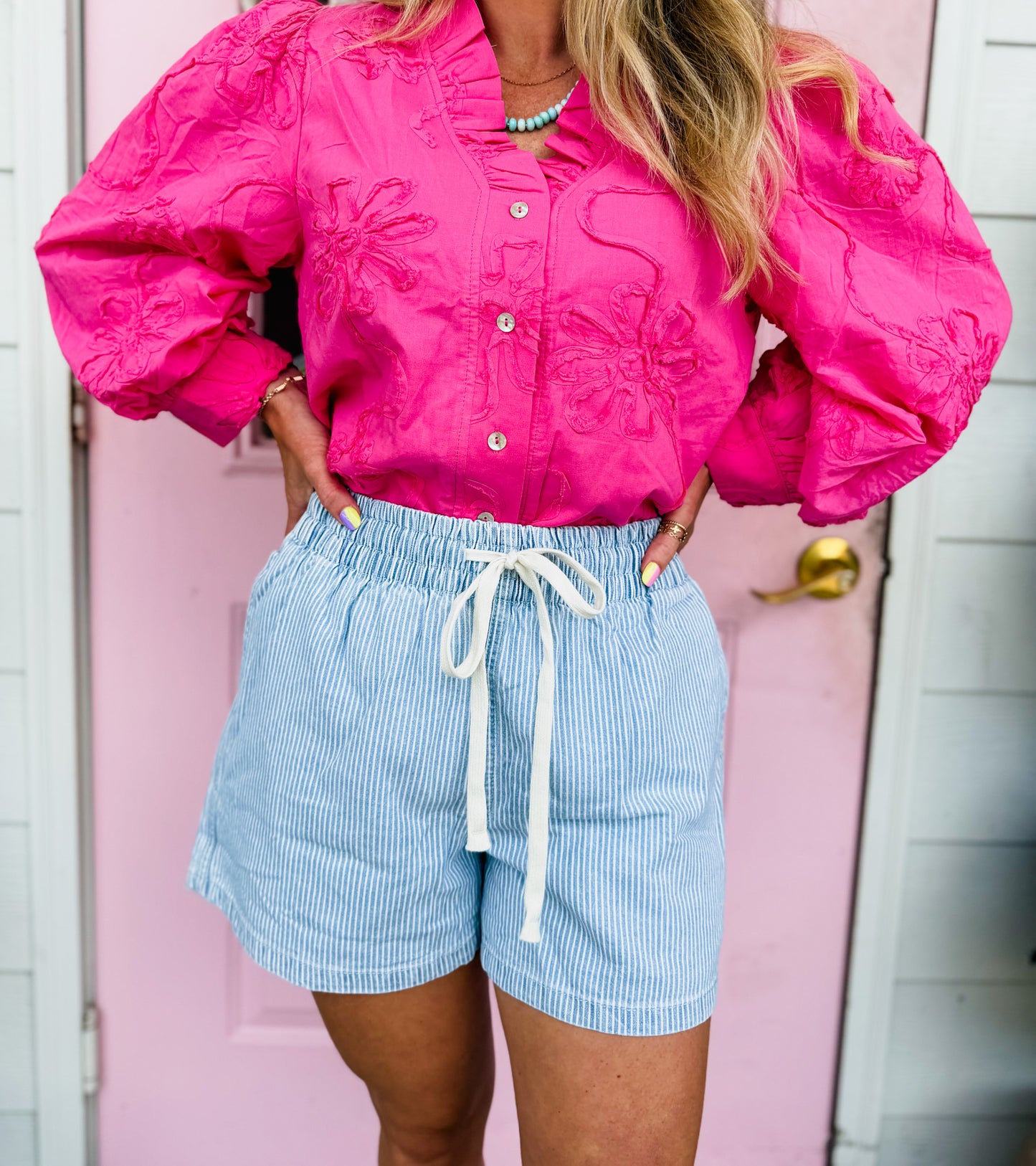 Stripe Drawstring Elastic Waist Denim Shorts - Sky Blue