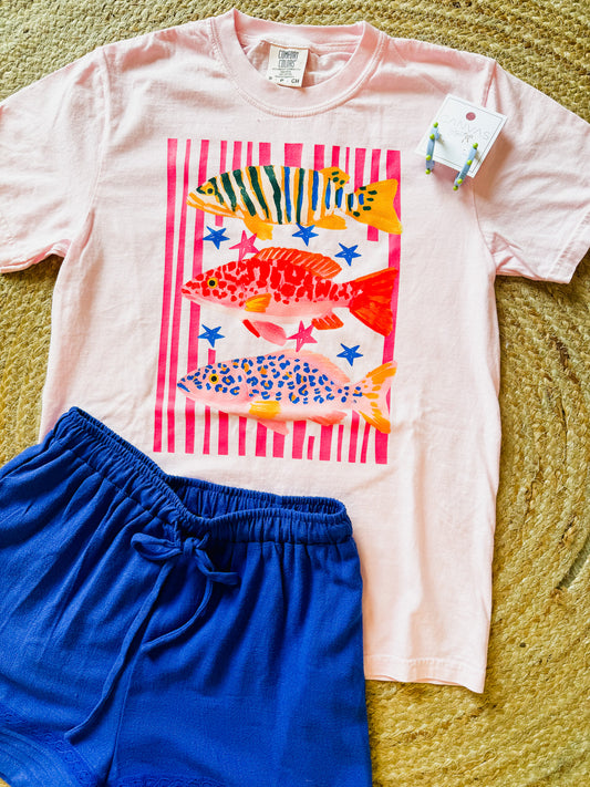 Striped Fish Graphic Tee - Light Pink