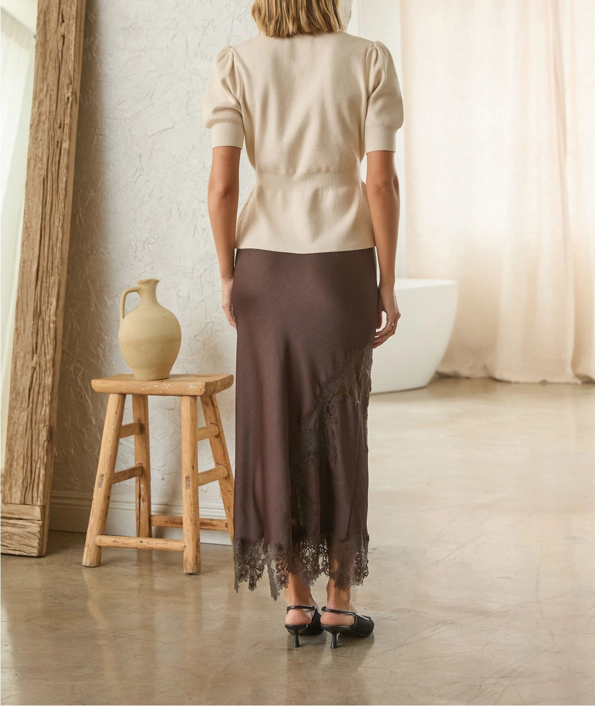 Rambler Mixed Lace Midi Skirt - Brown