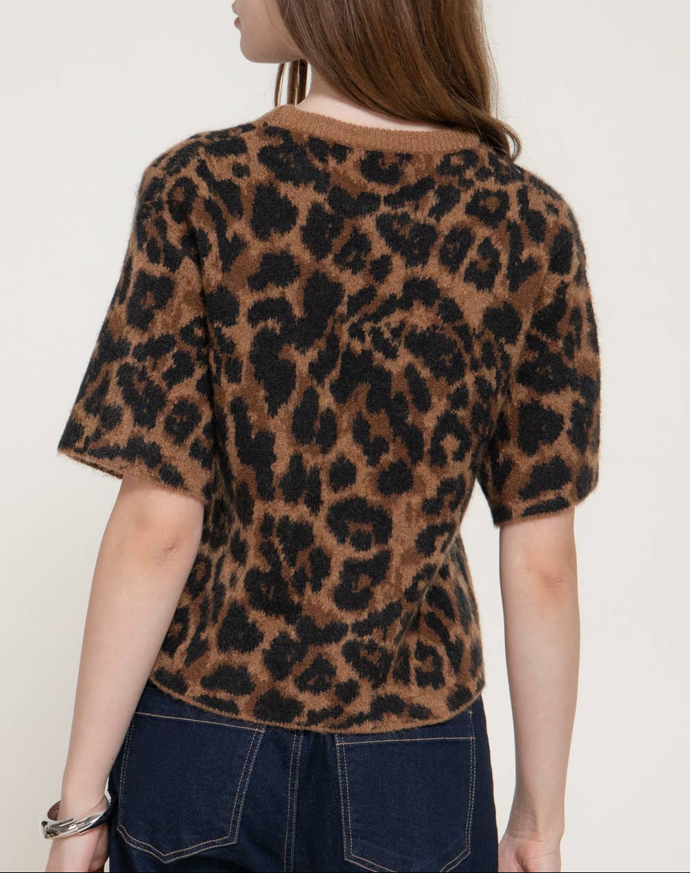 All Day Short Sleeve Round Neck Leopard Jacquard Sweater - Brown
