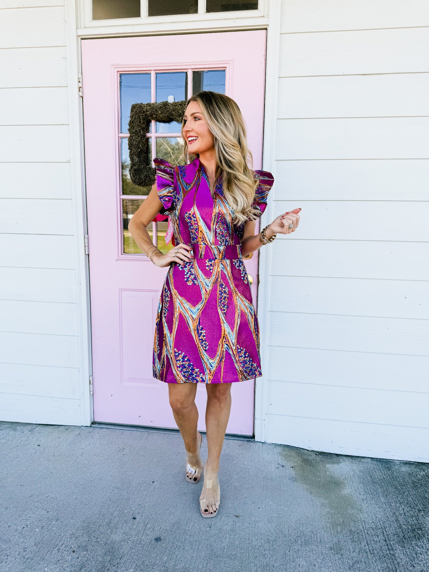 Flying Solo Flutter Sleeve Pattern V-Neck Dress - Magenta