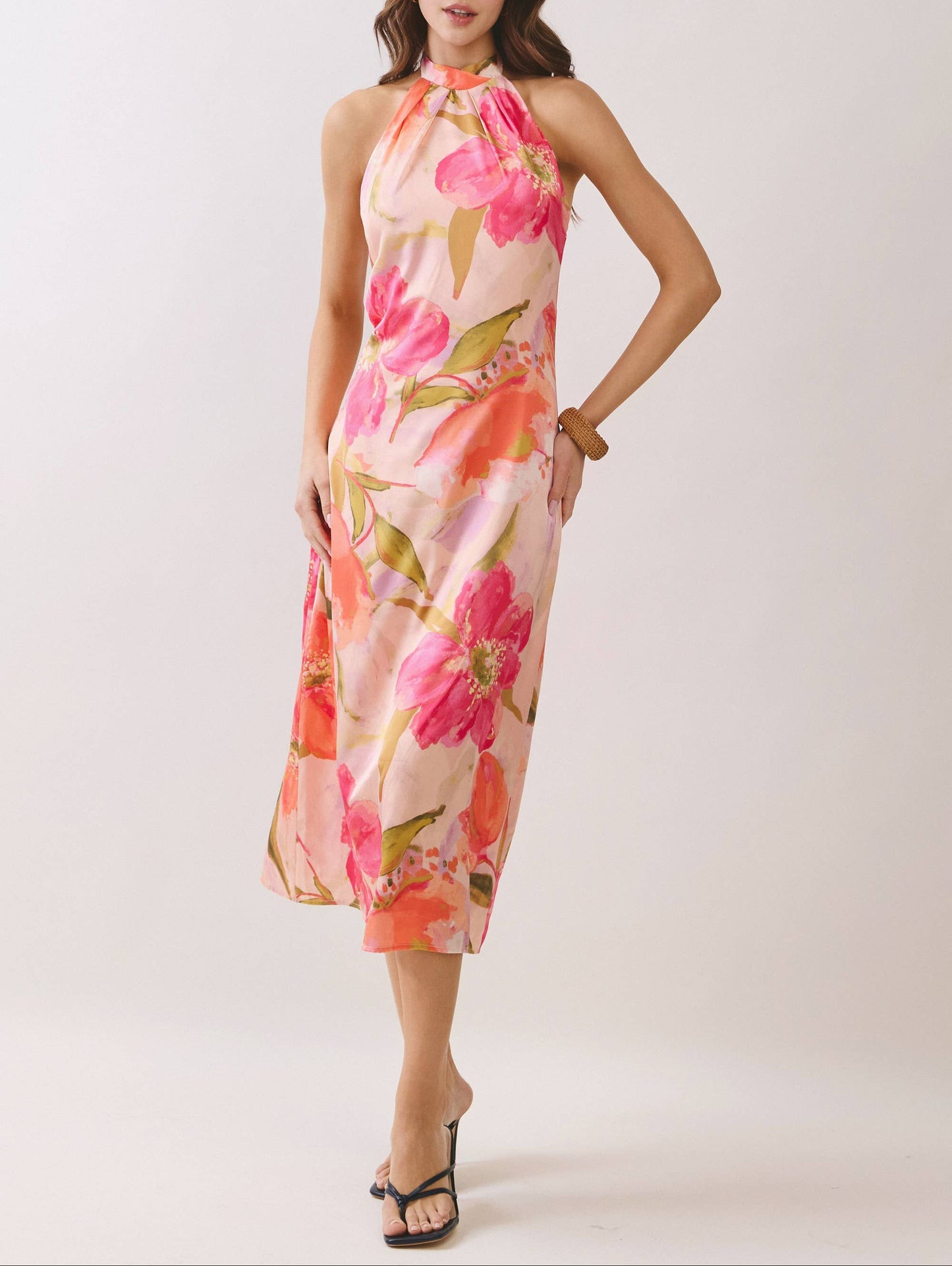 Pretty Little Floral Print Halter Neck Midi Dress - Pink