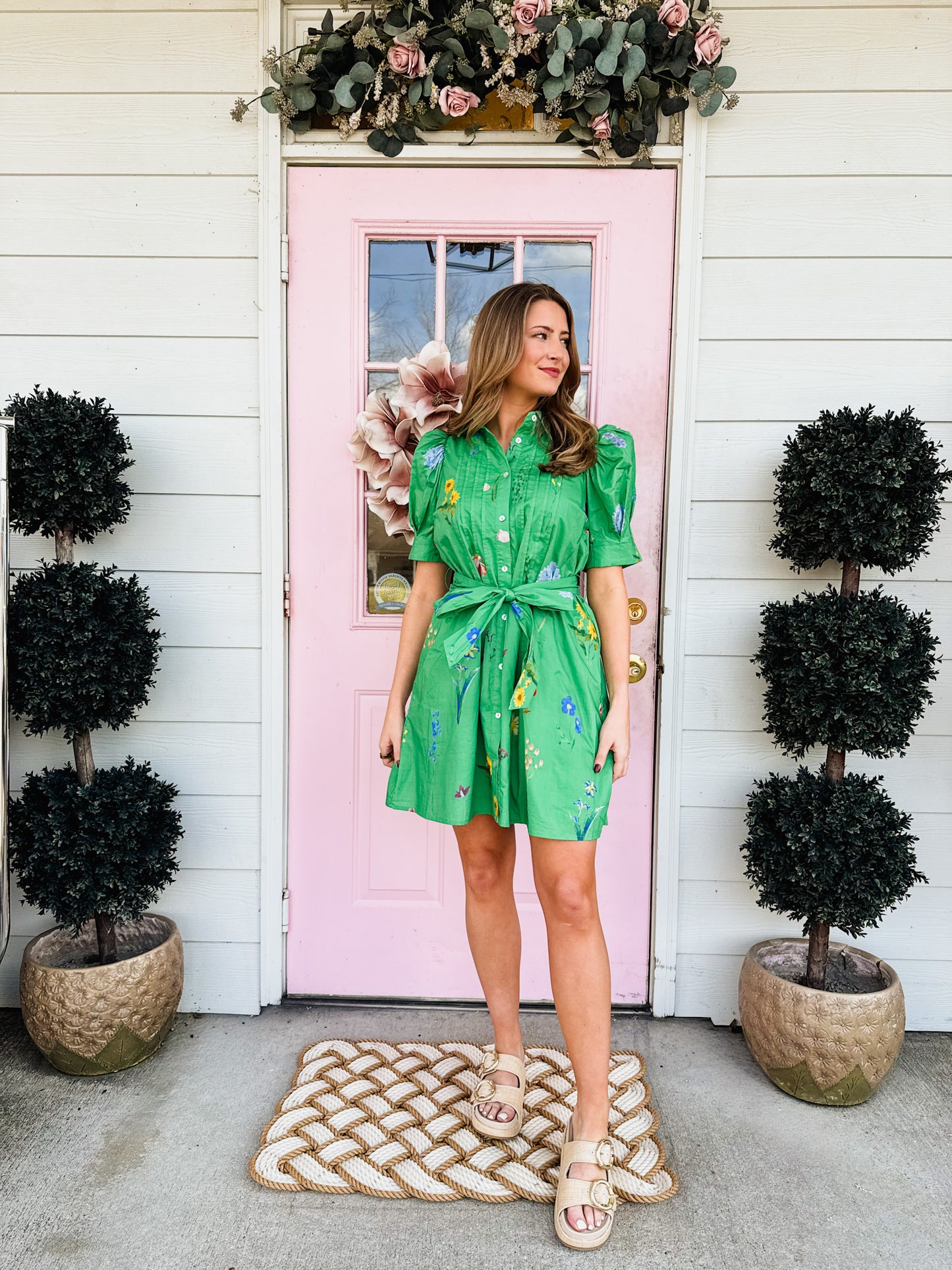 Sunday Funday Floral Tie Waist Dress - Green