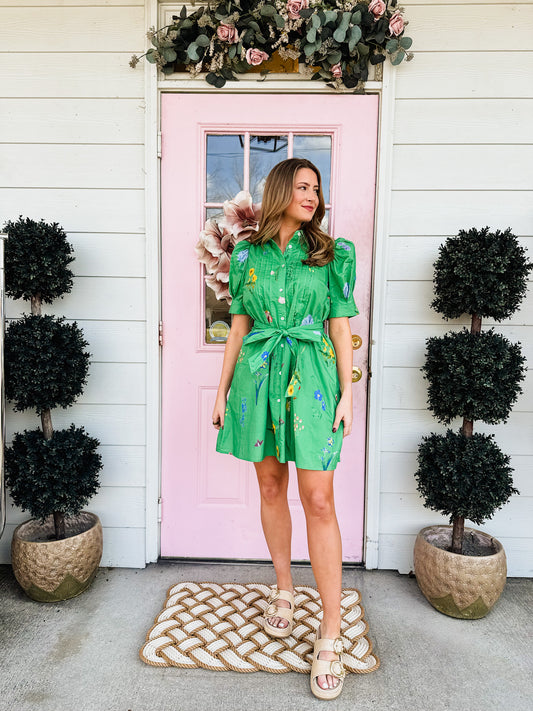Sunday Funday Floral Tie Waist Dress - Green
