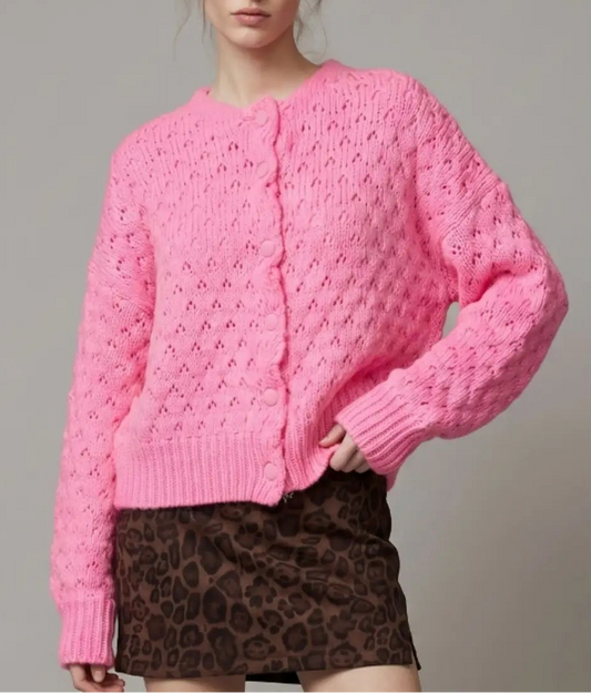 So Deserving Textured Balloon Sleeve Button Up Cardigan - Punch