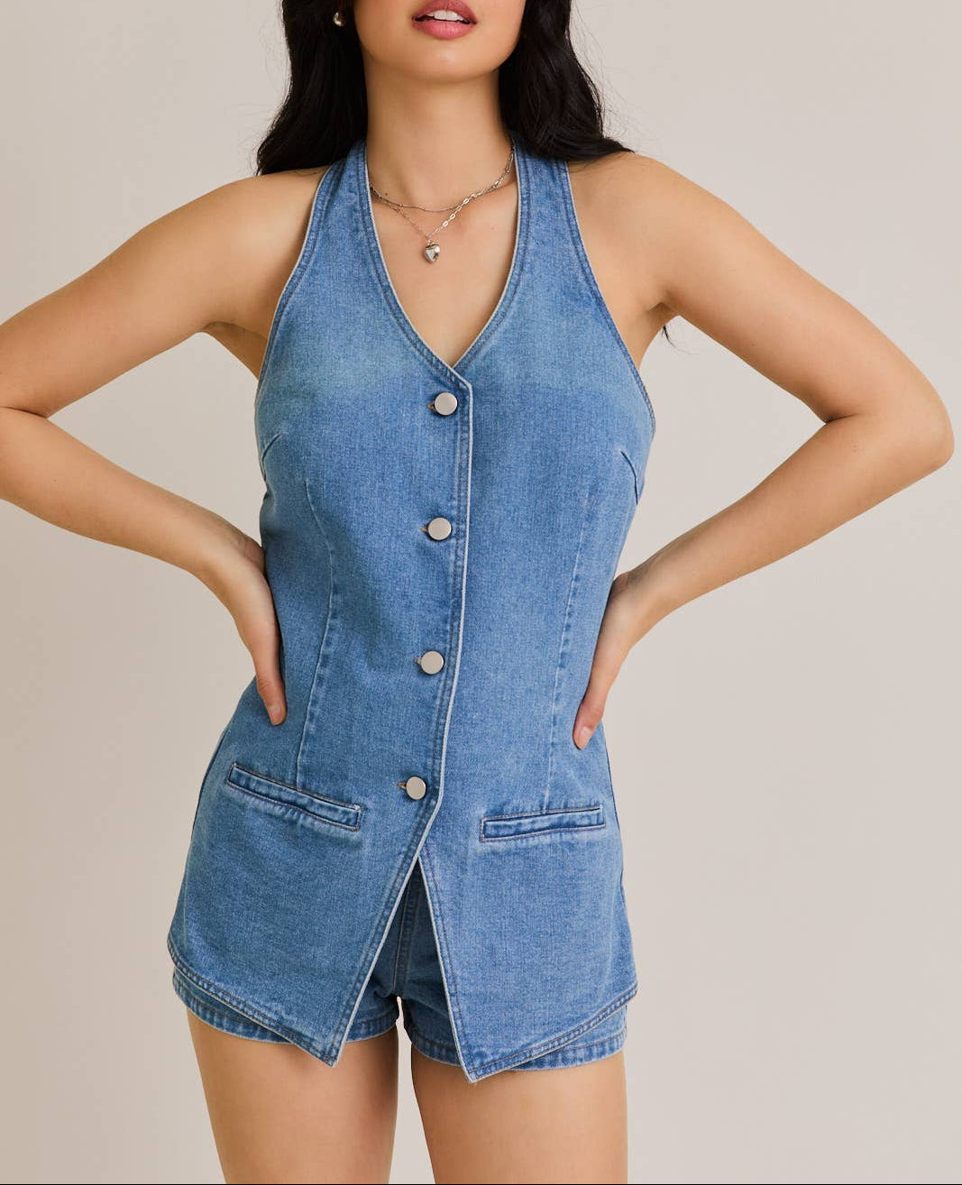 Toast To That Vest Style Romper with Micro Shorts - Denim