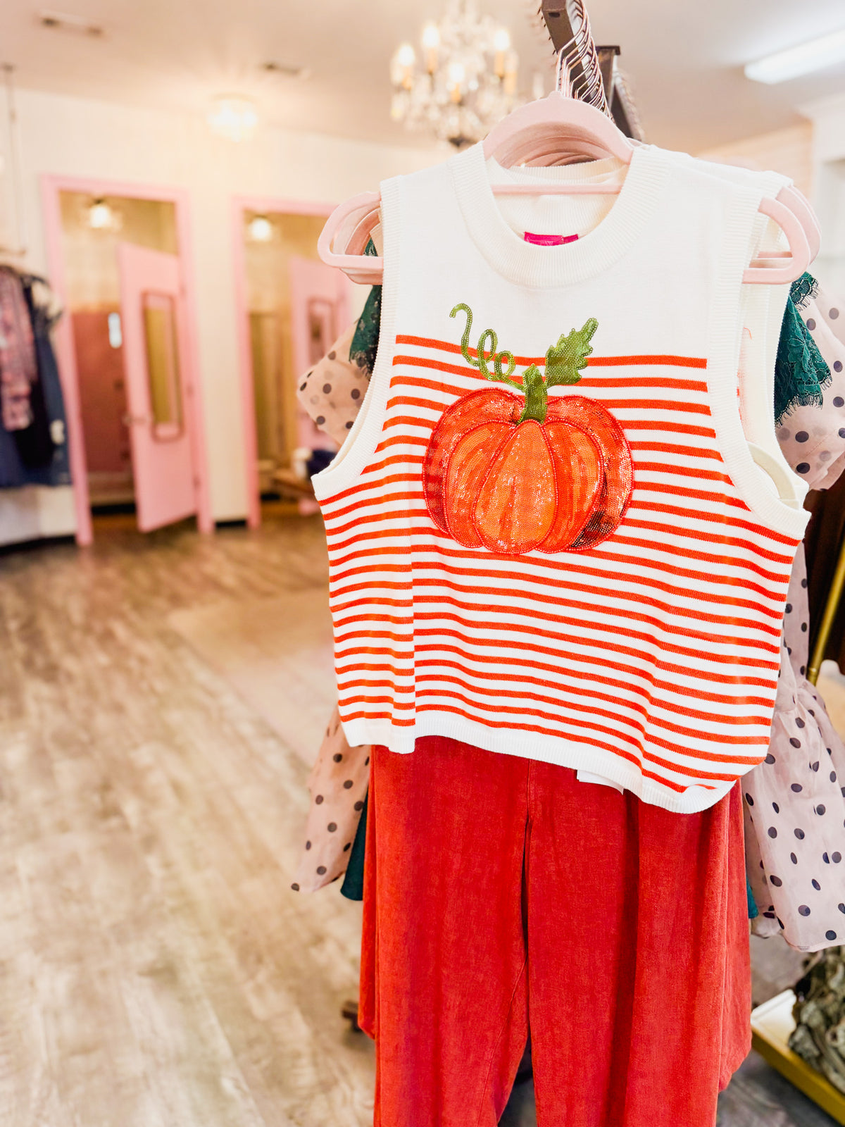 Queen of Sparkles Ivory & Orange Striped Pumpkin Knit Tank