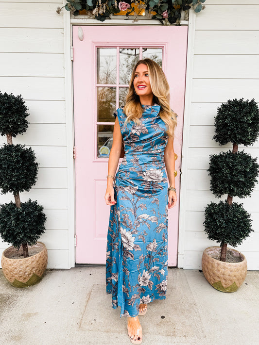 Classy Lady Satin Draped Cowl Neck Ruched Dress - Blue