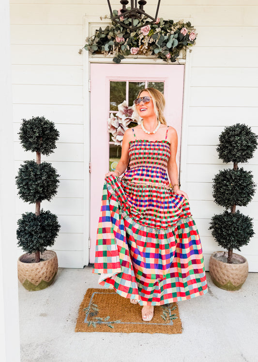 Major Move Smocked Bodice Plaid Tiered Maxi Dress - Multi