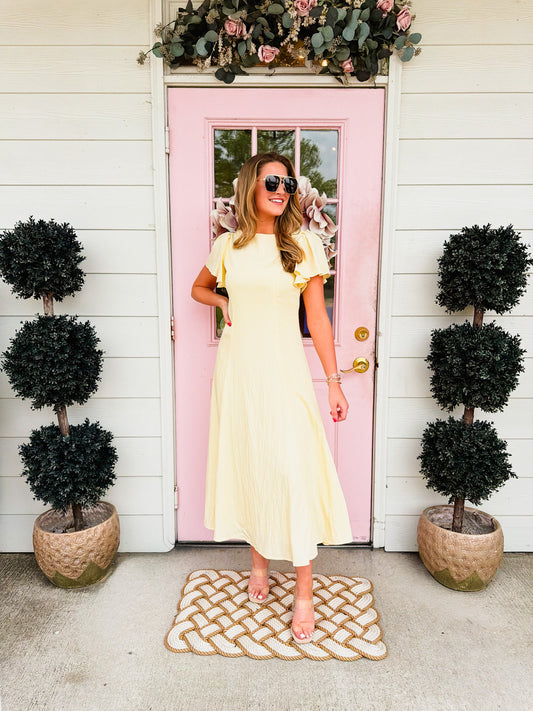 Story Time Flutter Short Sleeve Flowy Hem Midi Dress - Yellow
