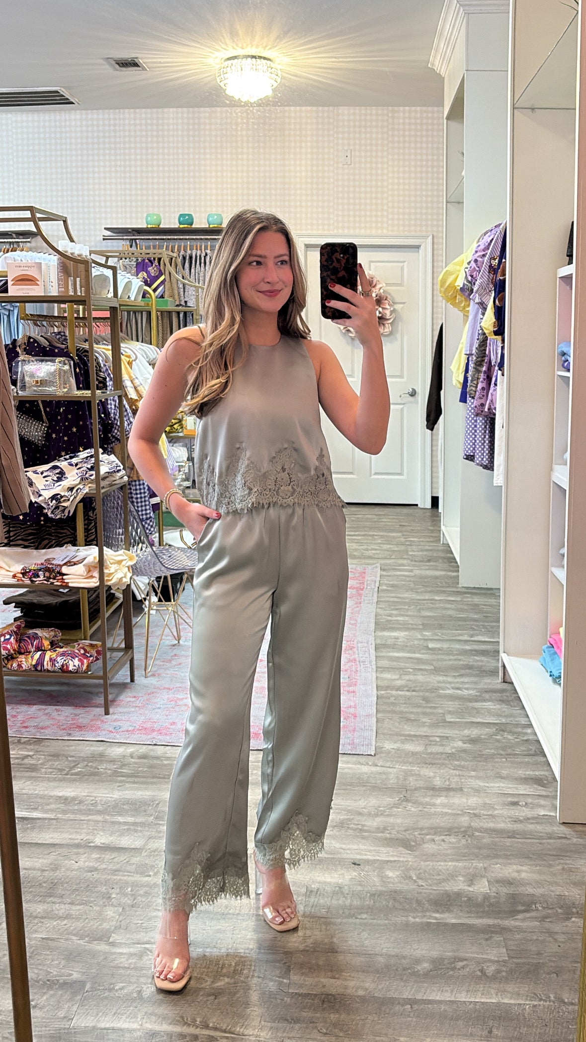 Found You Elastic Waist Lace Trim Wide Leg Pants - Sage