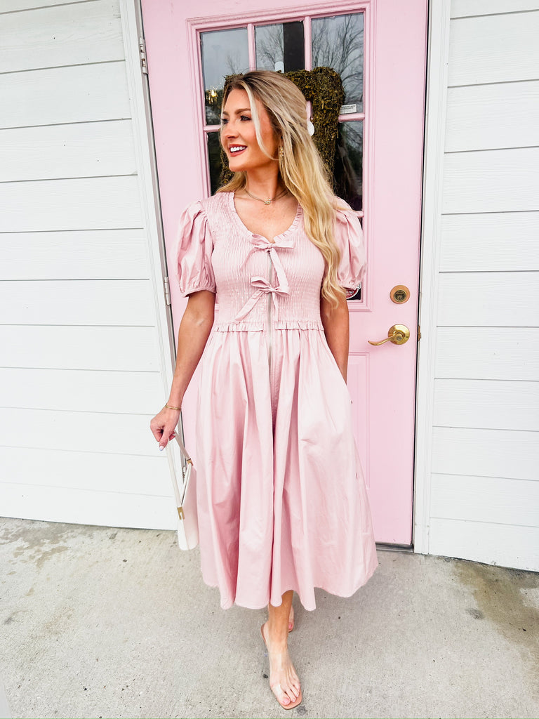 Beauty of the Day Smocked Front Bow Detail Midi Dress