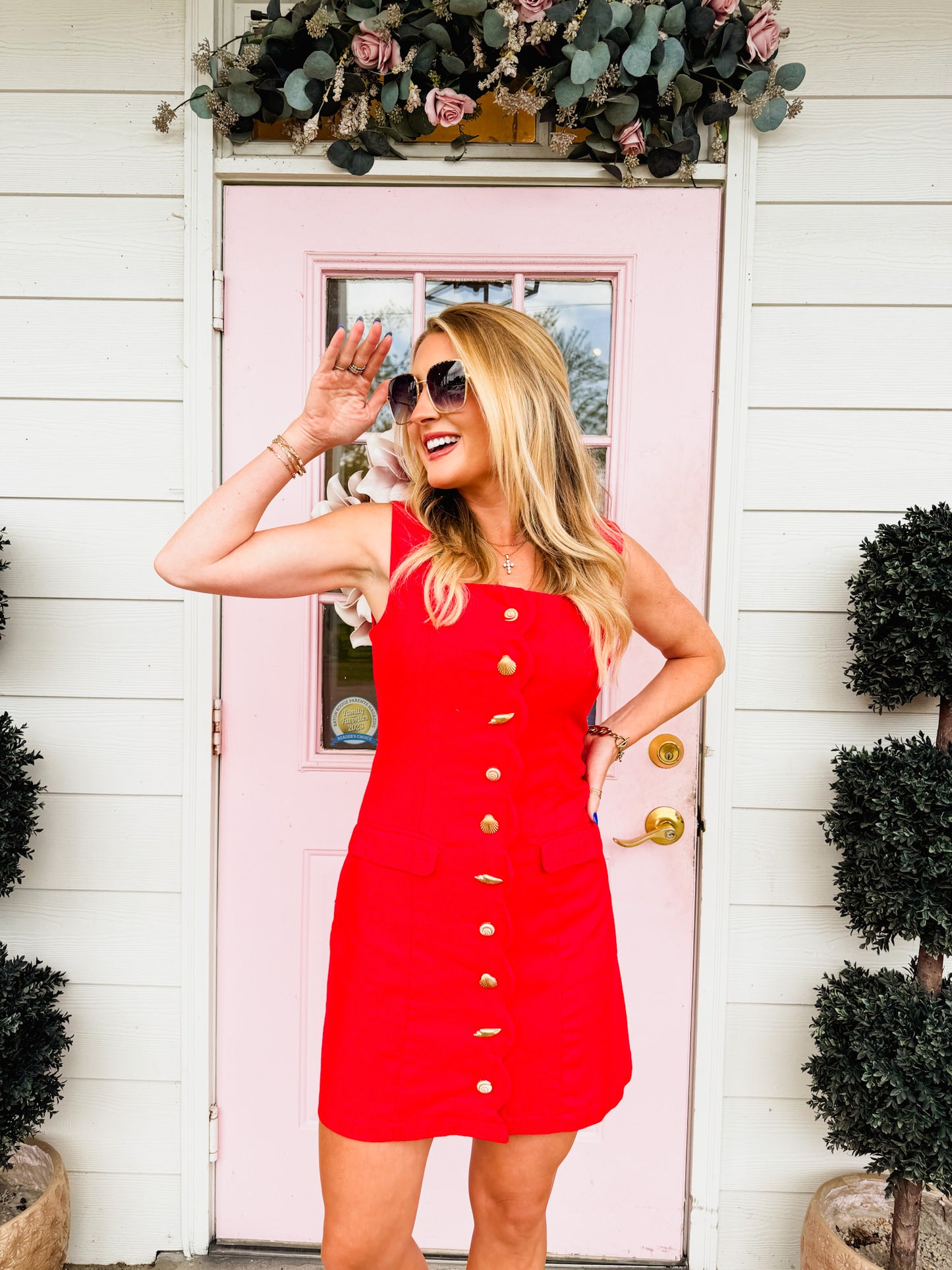 Super Fan Faux Shell Button Down Dress - Red