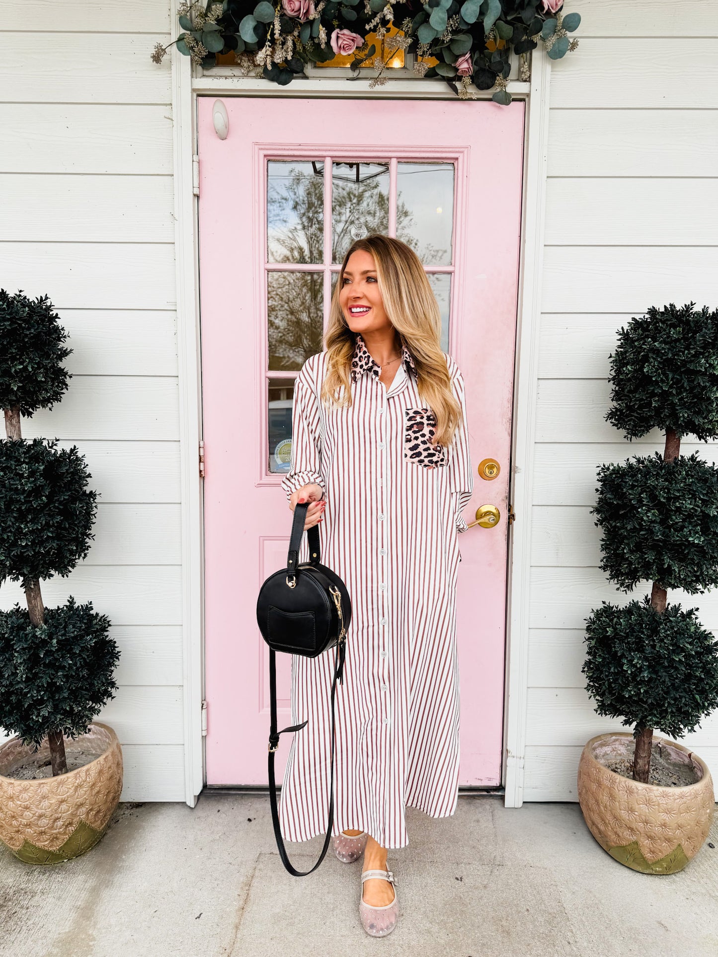 Stripe Contrast Leopard Patchwork Long Shirt Dress - Brown