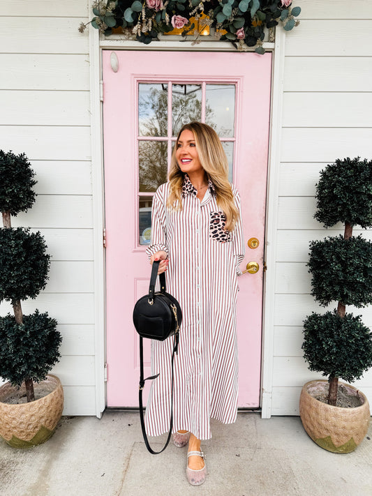 Stripe Contrast Leopard Patchwork Long Shirt Dress - Brown