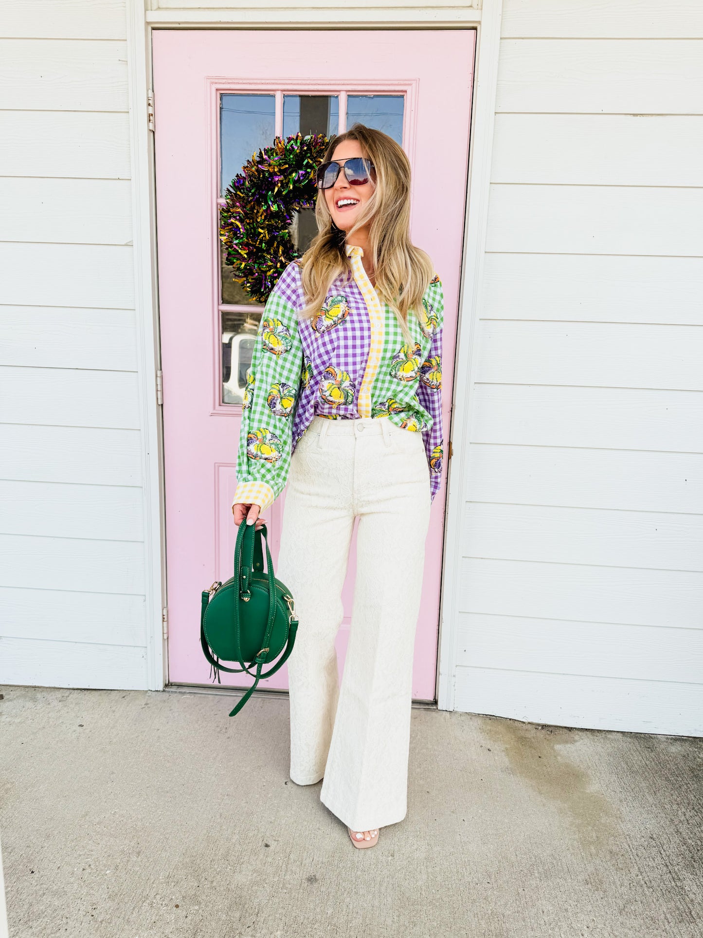 Queen Of Sparkles Colorblock Mardi Gras Gingham King Cake Button Up Top