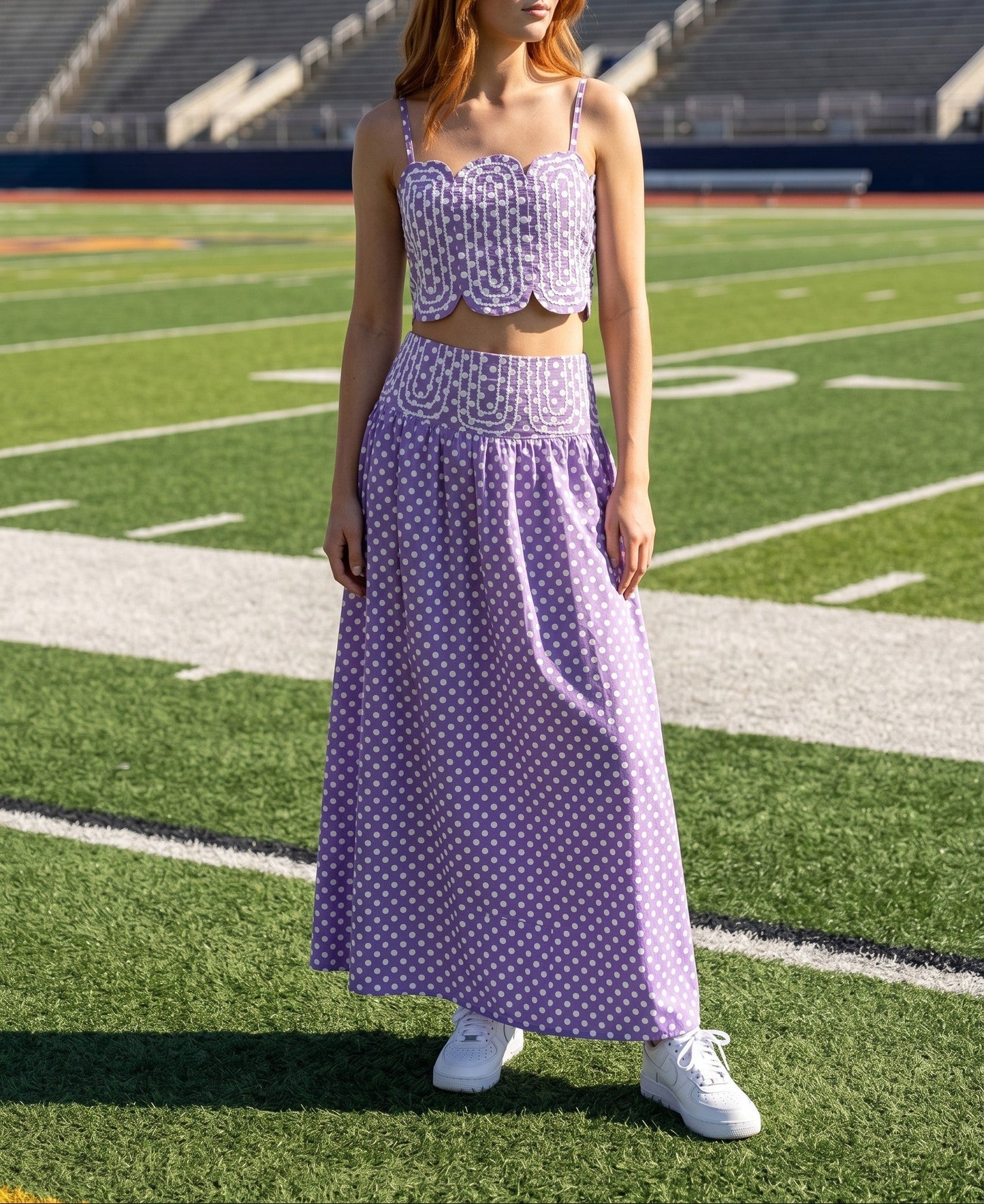 The Moment Trim Applique Polka Dot Crop Top - Purple/White