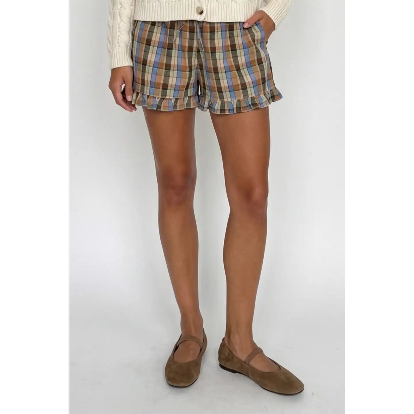Be True Plaid Elastic Waist Shorts - Mocha/Blue