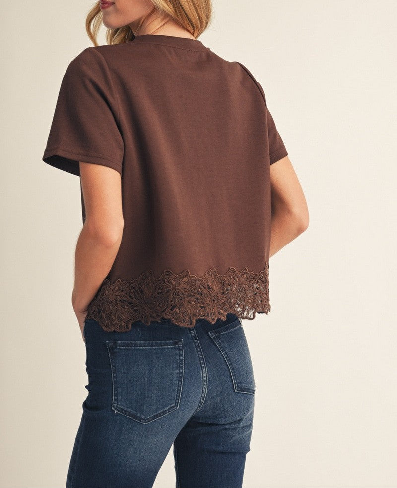 Stay Focused Lace Patch Hem Detail Solid Top - Brown